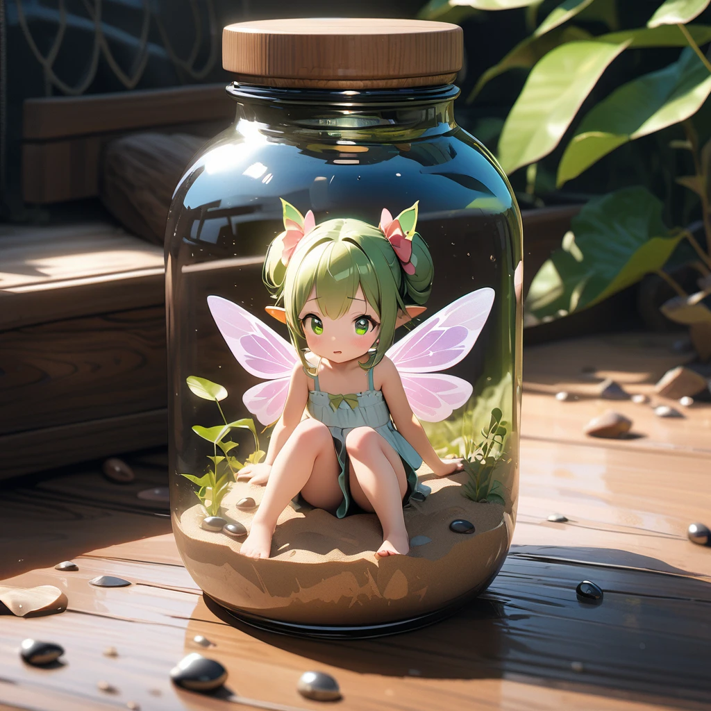 (best quarity,ultra detailed,ultra-high-resolution, absolutely resolution,8k,masterpiece),very-cute-and-beautiful-anime-small-girl-wearing-fairy-wings,in bottle, small fairy girls Each in a different bottle,neatly arranged on a shelf, BREAK,photorealistic,bottle,soil, plants, sand, pebbles, water, and light,