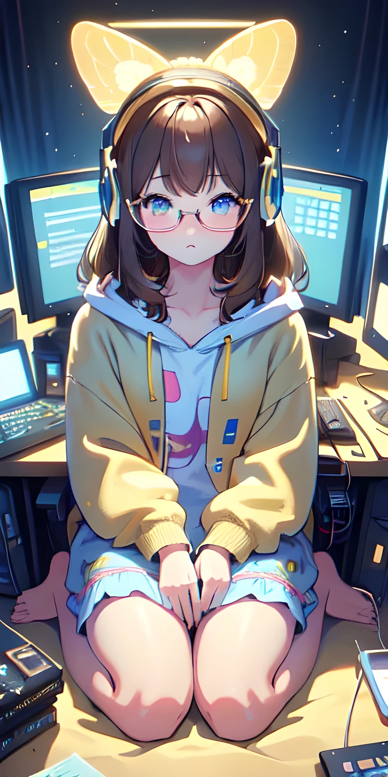 [(Transparent background:1.5)::5],(((masterpiece))),(((best quality))),(((extremely detailed))),illustration, 1 girl, solo, girl sitting in front of computer screen, wearing round glasses, lught yellow oversized hoodie, not wearing headset (Honey brown hair),(brown eyes), full body,barefoot,long fluffy hair, gamer room in night. Light from monitor. Blue room. Dark background, multi-color eyes, detailed eyes, detailed hands, hyper detailed,pouting, highly detailed, beautiful, small details, ultra detailed, best quality, intricate, 4k, 8k, trending on artstation, good anatomy, beautiful lighting, award-winning,