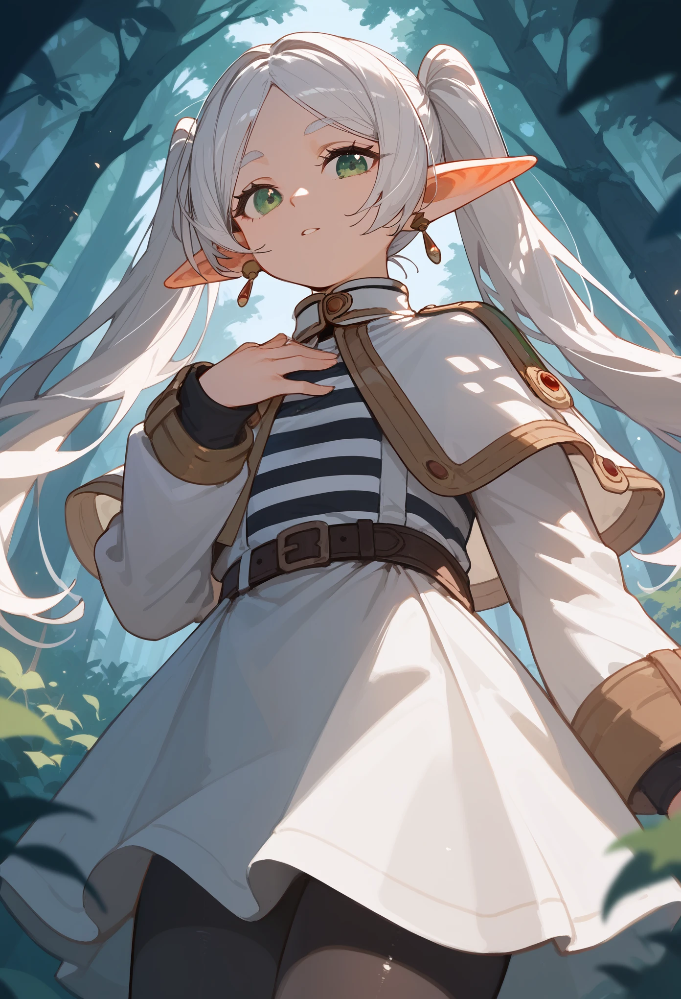 masterpiece, best quality, (score_9, score_8_up, score_7_up), 1girl, solo, FrierenBase, green eyes, elf ears, pointy ears, white hair, long hair, twintails, earrings, white capelet, striped shirt, black stripes, long sleeves, belt, white skirt, black pantyhose, looking at viewer, from below, hand on chest, perfect hands, forest, night, sharp focus, masterpiece, best quality
