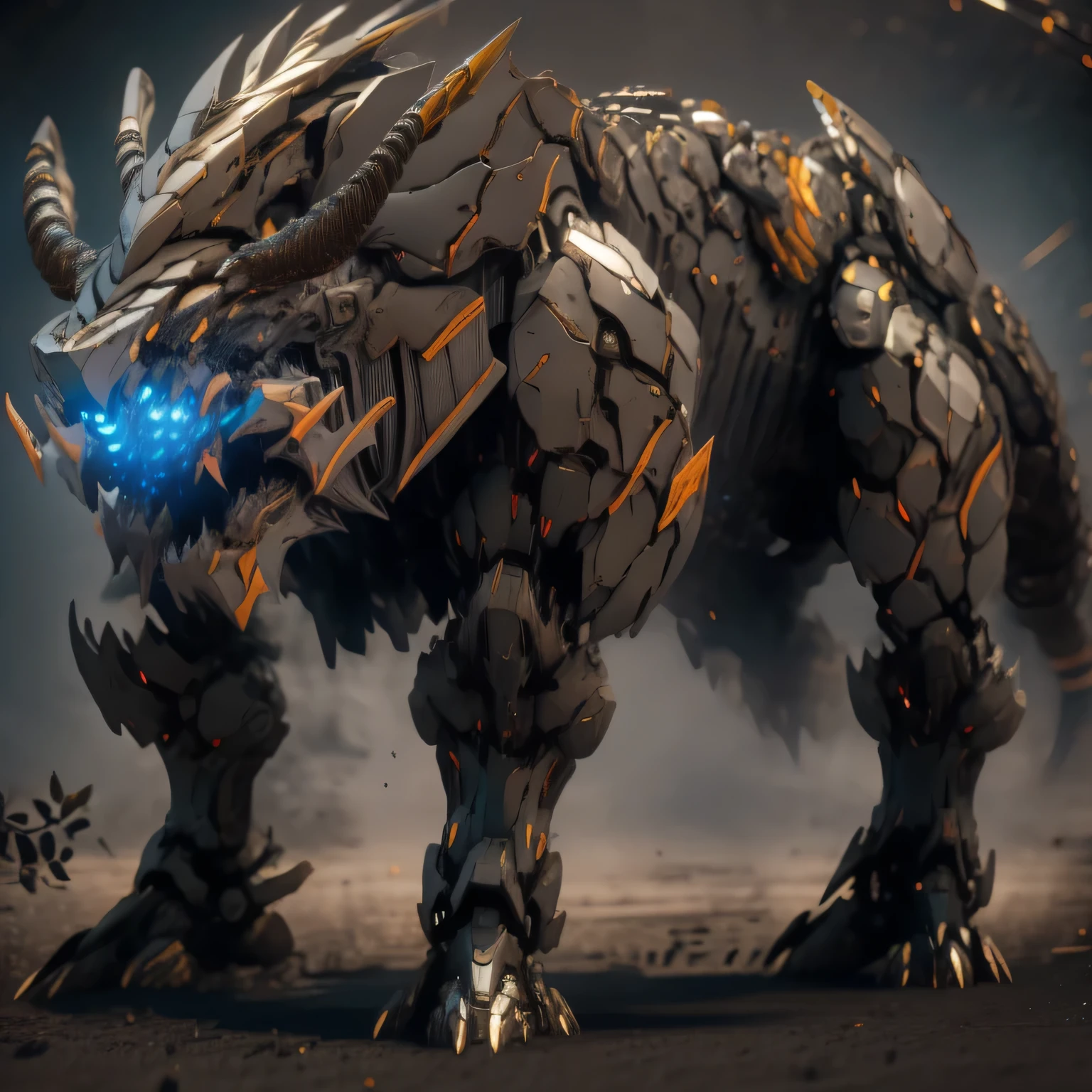 Full Body, Gray and Purple, Rhino, Robot, Savanna, Tusk Face, Symmetrical, Glowing Weapon, Round Design, On all Fours, Beast, Crawling