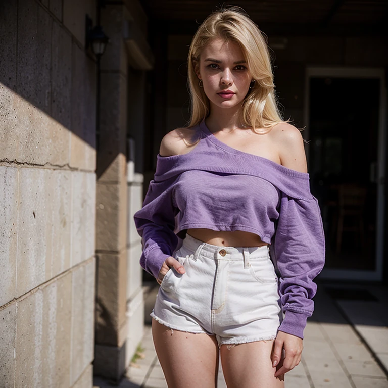 female twenty year-old blonde, 1980s, large natural breasts, purple off-shoulder sweatshirt , photorealistic, full body shot