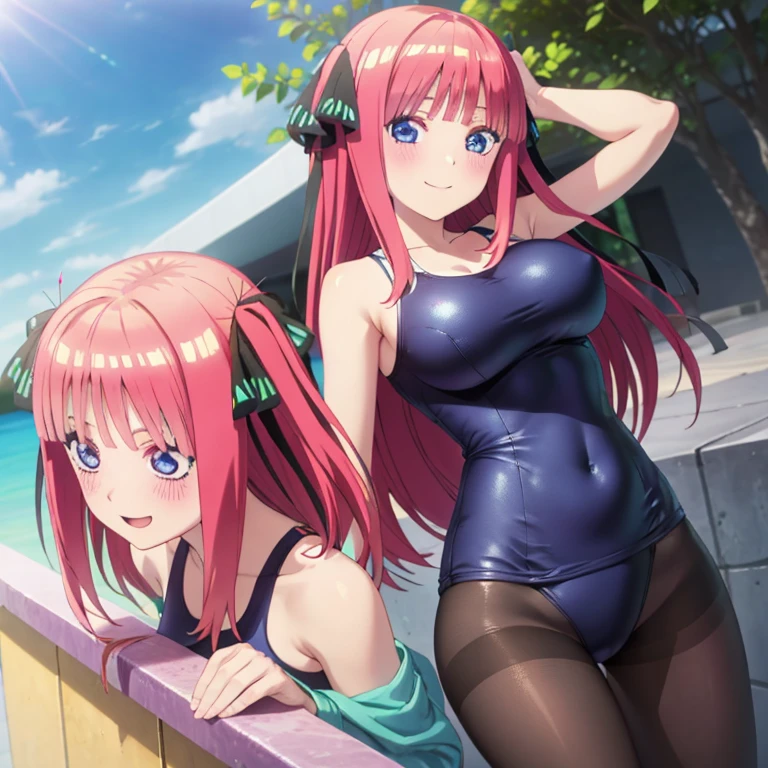 best quality, ultra-detailed masterpiece, anime art style, cute character, nino nakano, large breasts, blush, smile, one-piece swimsuit, pantyhose,