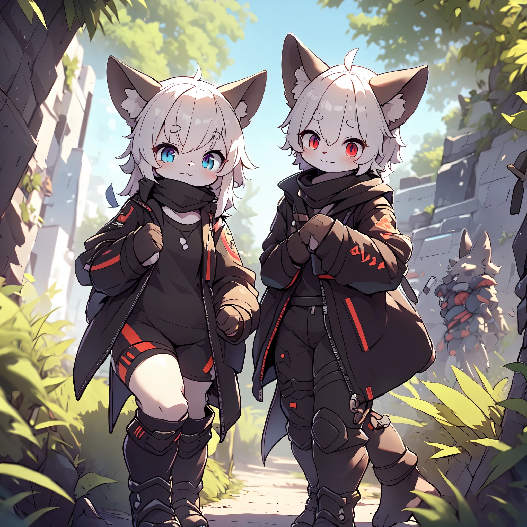 chibi, masterpiece, best quality, ultra-detailed, two chibi girls in a striking pose, the pink-haired girl on the left is crouching low, her eyes focused and determined, gripping her katana with both hands, ready for battle, the silver-haired girl on the right calmly sits with large chains wrapped around her arms, her gaze is cold and calculating, the contrasting personalities create a tension-filled yet balanced scene, floral backgrounds in pink and blue respectively, enhancing the mood of each character.