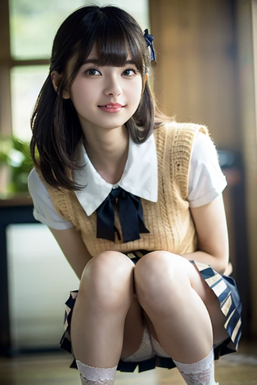 (masterpiece:1.2, highest quality), (Realistic, photoRealistic:1.4), Beautiful illustrations, (Natural Side Lighting, Cinema Lighting), Written boundary depth,
Looking at the audience, Front view, 1 girl, English, high school girl, 18-year-old, Perfect Face, Symmetrical cute face, Shiny skin, Leg spread,
(Bob Hair:1.7,blonde), Asymmetrical bangs, Big eyes, Droopy eyes, long eyelashes chest), thin,
Beautiful Hair, Beautiful Face, Beautiful and beautiful eyes, Beautiful clavicle, Beautiful body, Beautiful breasts, Beautiful thighs, Beautiful legs, Beautiful fingers,
((High-quality fabric, Brown knitted vest, Short sleeve white collar shirt, Navy Pleated Skirt, Navy bow tie)),
(Beautiful views), evening, (Inside the flower shop), Are standing, (smile, Superior, Open your mouth), (((Skirt flip, Wearing white underwear))), Full Body Shot, Dark blue socks,Full Body Lesbian、Female dog、OL、Spread your legs、