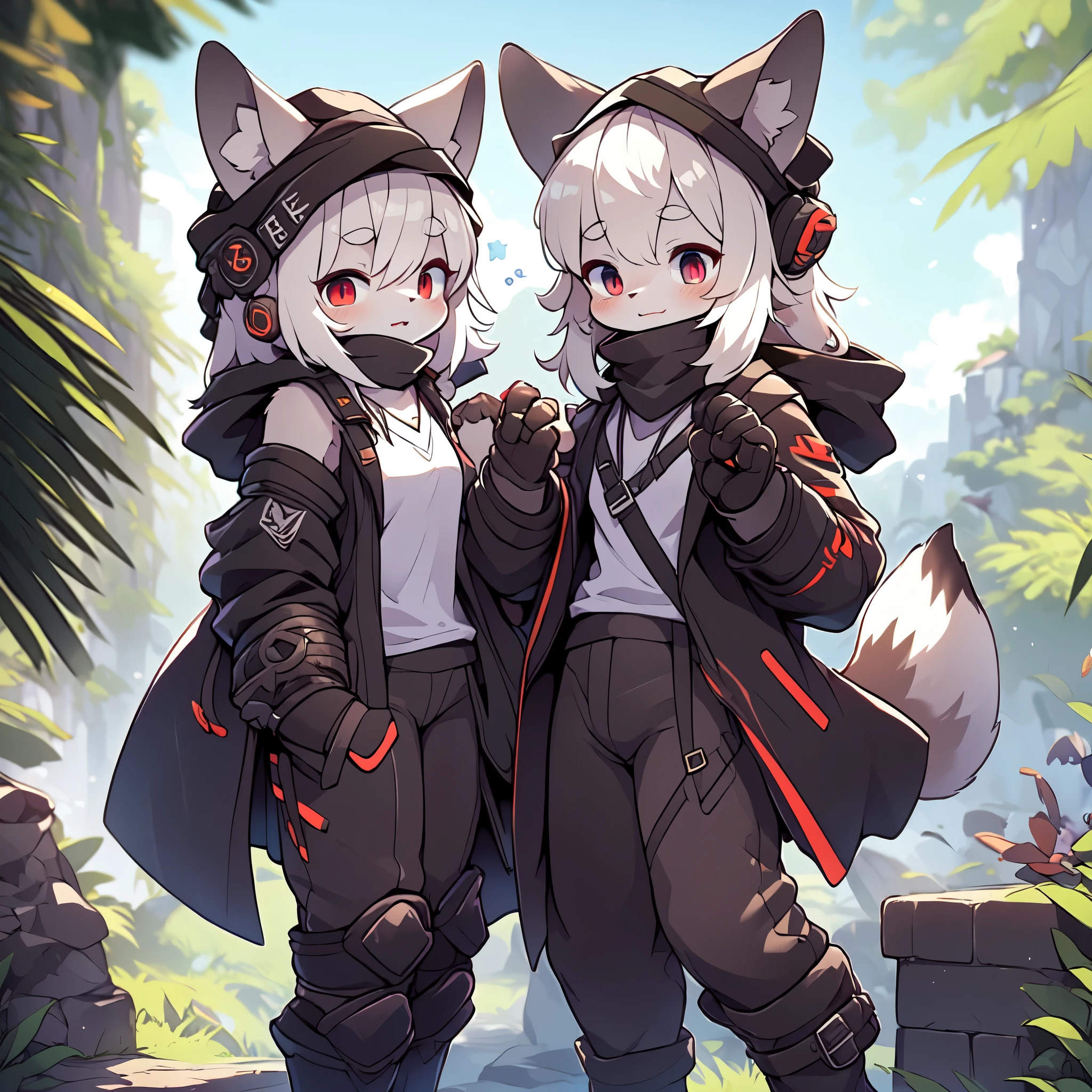 Kawaii, Striped Fluffy Fox, emaciated, long hair, 3girls, artificial synthetic skin, life support prosthetics, digital headphones, black tight latex bodysuit, white long dress, thigh-high-socks, shorts, loose off-the-shoulder hood open jacket, holsters in thigh, Mechanical boots, tactical knee pads, tactical belted loose Arm Sleeves, cybernetic Display gloves, chest rigs, tactical belts, blue archive halo, bulletproof goggles on forehead, from Ark nights, ray tracing, depth of field, bloom, masterpiece, ccurate, high details, highres