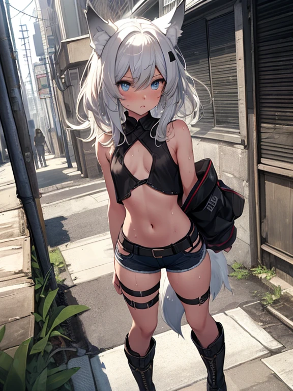 Single girl, Short height, Long white hair, (elegant hair), wolf ears, wolf tail, blue eyes, fishnet, boots, long hair, nude, solo, only one female ((small breasts)) solo, alone, (SOLO)(ALONE) thighs, nice hips, blue eyes, perfect eyes, perfect face, pouty lips, white tank top, midriff, black shorts, perfect detailed face, ((sweat)), aftersex, alley, ((after prostitution)), standing, spread legs, young, , cleavage,