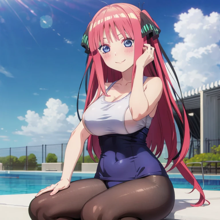 best quality, ultra-detailed masterpiece, anime art style, cute character, nino nakano, large breasts, blush, smile, one-piece swimsuit, pantyhose,
