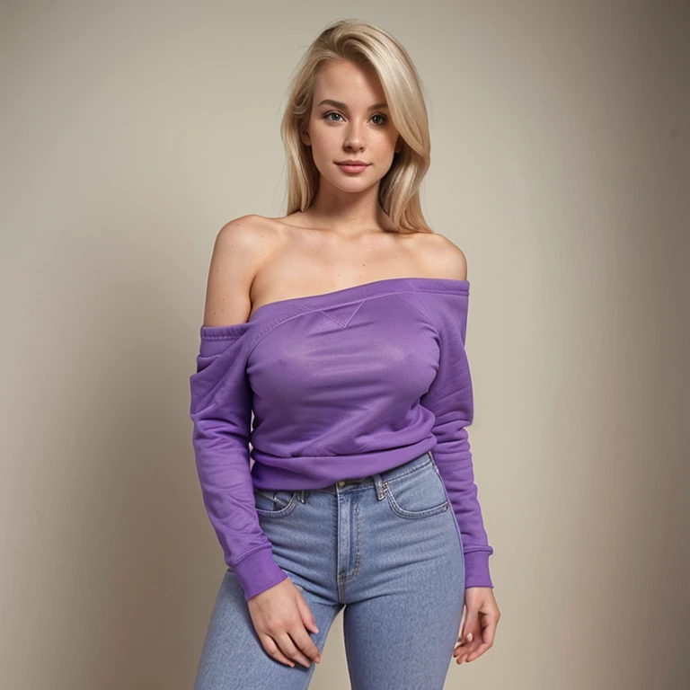 female twenty year-old blonde, 1980s, large natural breasts, purple sweatshirt off one shoulder, mom jeans, photorealistic, full body shot