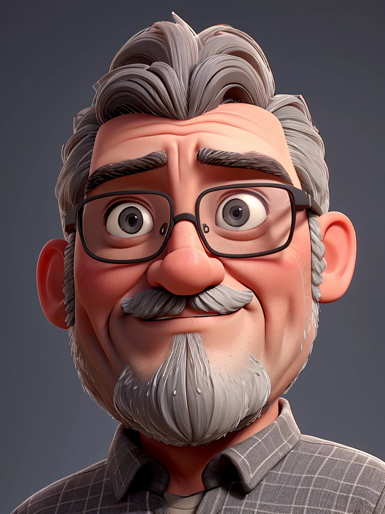 A 50-year-old man, little chubby, short gray hair, gray beard, wearing thin glasses, black shirt