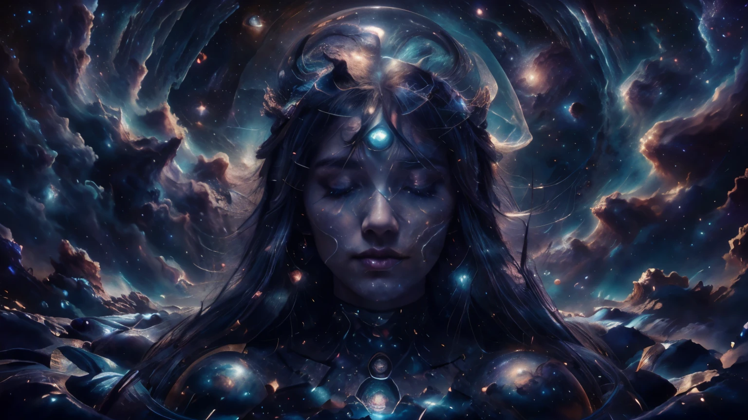 Magical digital art, cosmic goddess with long hair and closed eyes amid the stars, rosto bonito, cabelos compridos, Flying hair, deusa cosmica, rosto perfeito, cosmic, olhos fechados, space, Incredible, Breathtaking, sonho , Colorido, saturno, nebulosa, maravilhoso, energetic, contraste, Jupiter, misterioso, cinematic, space profundo, epic, intricado,Surrealismo, epic, (Long exposure:1), melhor qualidade, luz clara, luz escura, wallpaper, wallpaper, tema cosmico. blue coloring, HD, 