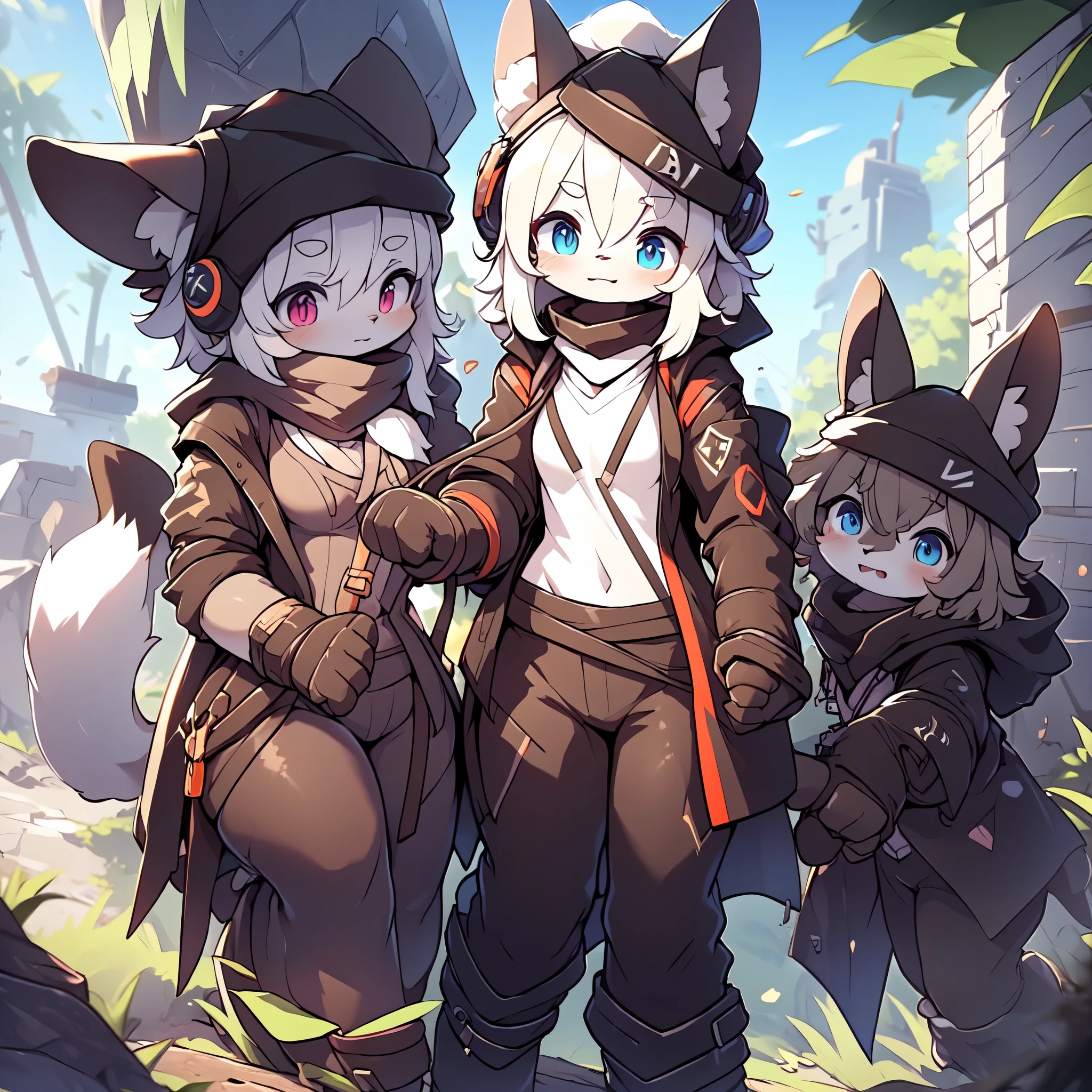 Kawaii, Striped Fluffy Fox, emaciated, long hair, 3girls, artificial synthetic skin, life support prosthetics, digital headphones, black tight latex bodysuit, white long dress, thigh-high-socks, shorts, loose off-the-shoulder hood open jacket, holsters in thigh, Mechanical boots, tactical knee pads, tactical belted loose Arm Sleeves, cybernetic Display gloves, chest rigs, tactical belts, blue archive halo, bulletproof goggles on forehead, from Ark nights, ray tracing, depth of field, bloom, masterpiece, ccurate, high details, highres