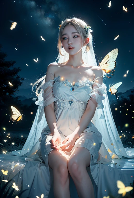 white dressed Goddess, surrounded by glowing butterflies and fireflies, magical land, (High res, masterpiece, best quality),