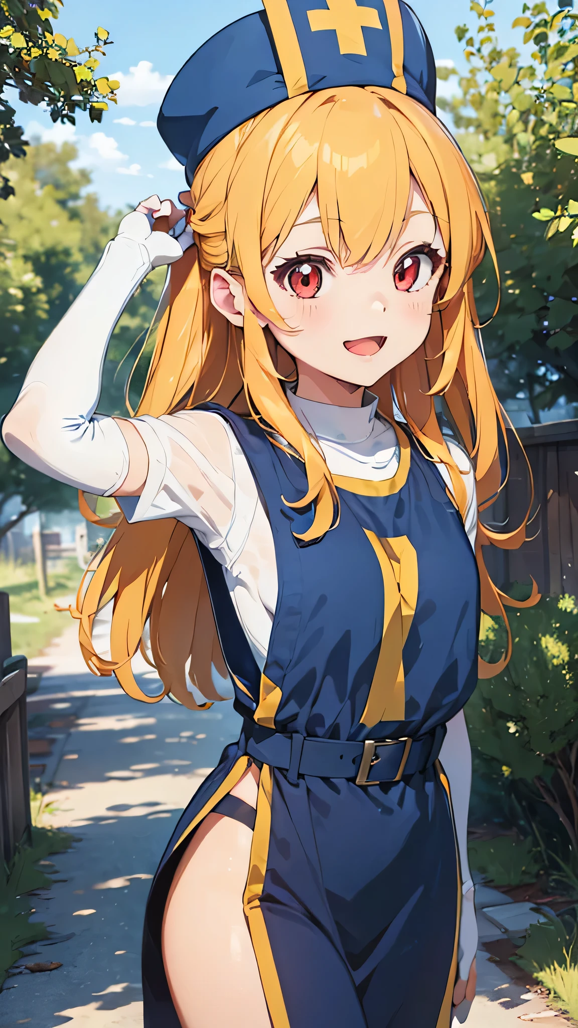 (RED Ribbon on HAIRband:1.2),(masterpiece, best quality, highly detailed, ultra detailed, high resolution, absurdres, 4K, 8K:1.2), absurdres, ultra detailed illustration, cinematic angle, 1girl, cute, kawaii, parky, beautiful long hair, Blonde hair, smile, opened mouth, beautiful red eyes, cute pose, priest, windy, in beautiful forest, blue sky, priest \(dq3\), orange bodysuit, mitre, tabard, elbow gloves,