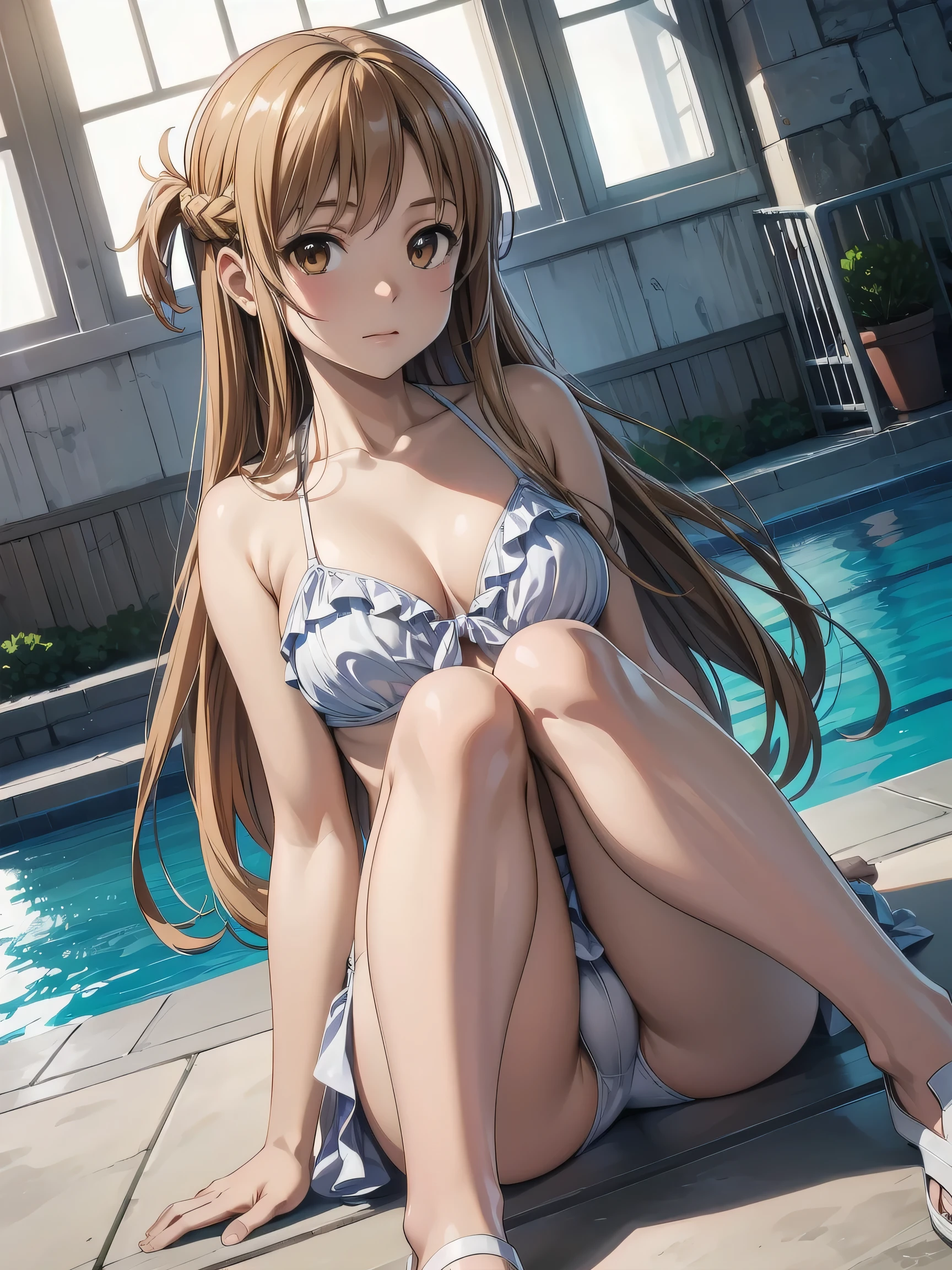 (Realistic, photo Realistic:1.2), ((highest quality)), Shift the center of gravity backwards, Quite embarrassing, aaasuna, long hair, brown hair, braid, brown eyes, (White bikini, red frill), Beautiful facial details, Real human skin, Gentle expression, Front view, angle From below, Realistic, photo Realistic, whole body, sitting on ground, knees raised, pool, (wind:1.2)