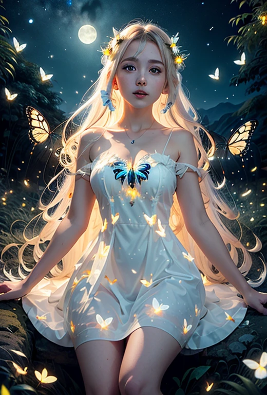 white dressed Goddess, surrounded by glowing butterflies and fireflies, full moon in a magical land, (High res, masterpiece, best quality),