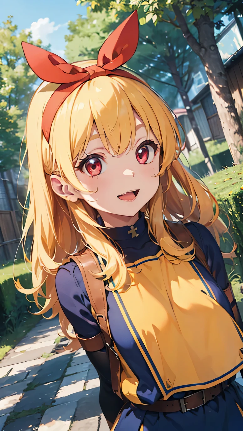 (RED Ribbon on HAIRband:1.2),(masterpiece, best quality, highly detailed, ultra detailed, high resolution, absurdres, 4K, 8K:1.2), absurdres, ultra detailed illustration, cinematic angle, 1girl, cute, kawaii, parky, beautiful long hair, Blonde hair, smile, opened mouth, beautiful red eyes, cute pose, priest, windy, in beautiful forest, blue sky, priest \(dq3\), orange bodysuit, mitre, tabard, elbow gloves,