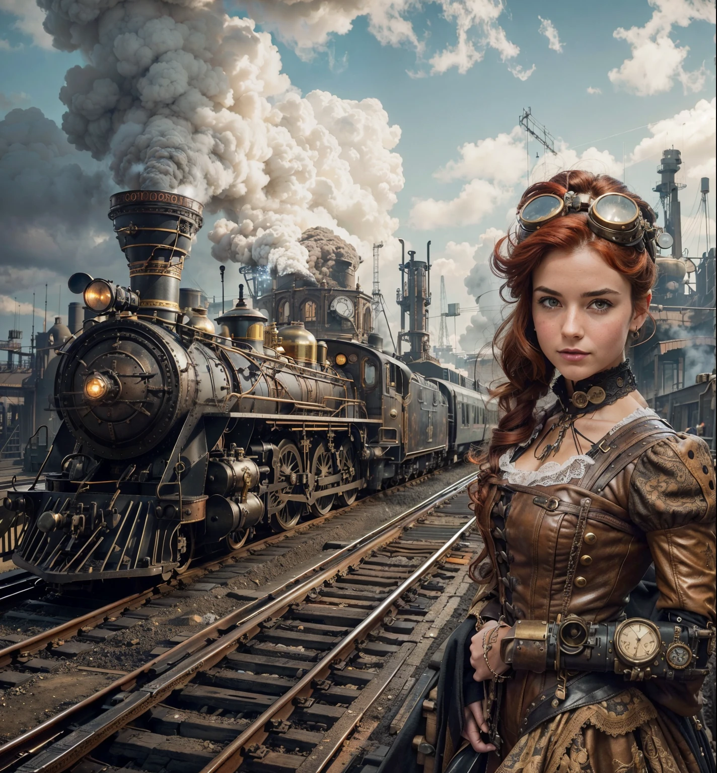 Setting: A bustling steampunk train station, filled with billowing steam, intricate metal contraptions, and docking trains. Passengers in elaborate goggles and aviator hats mill about, while crews in grease-stained jumpsuits load cargo.
Characters: A stunning and adorable steampunk women, each with their own unique steampunk flair. Perhaps one has flowing red hair adorned with gears and wires, another sports goggles with built-in telescopes, and the third has a clockwork prosthetic arm. She strike a confident pose, their eyes gleaming with a mix of excitement and determination, as they turn towards the camera.
Action: A magnificent steampunk locomotive, unlike any seen before, descends into the trainstation. Its hull gleams with polished brass and copper, adorned with intricate etchings and glowing portholes. Billowing steam erupts from its smokestacks, casting a dramatic silhouette against the sky. The three women watch in awe, a sense of adventure and anticipation etched on their faces.