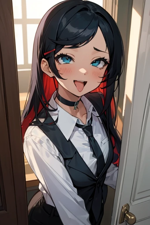 masterpiece, best quality, ultra-detailed, illustration, epic lighting, cinematic composition, isometric, 1girl, (solo), cute, blue eyes, green eyes, detailed iris, black hair, swept bangs, single sidelock, red hairclip, unbuttoned white shirt, choker, loose black necktie, black pants, formal, enchanting gaze, captivating pose, indoors, office, door, opening door, looking at viewer, peeking out upper body, blush, seductive smile, open mouth, tongue, (ahegao)