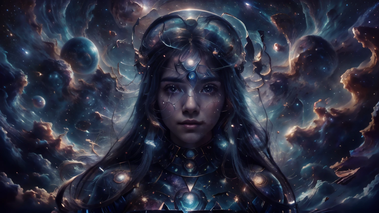 Magical digital art, cosmic goddess with long hair among the stars, rosto bonito, cabelos compridos, Flying hair, deusa cosmica, rosto perfeito, cosmic, space, Incredible, Breathtaking, sonho , Colorido, saturno, nebulosa, maravilhoso, energetic, contraste, Jupiter, misterioso, cinematic, space profundo, epic, intricado,Surrealismo, epic, (Long exposure:1), melhor qualidade, luz clara, luz escura, wallpaper, wallpaper, tema cosmico. light blue coloring, luz azul clara, HD, 