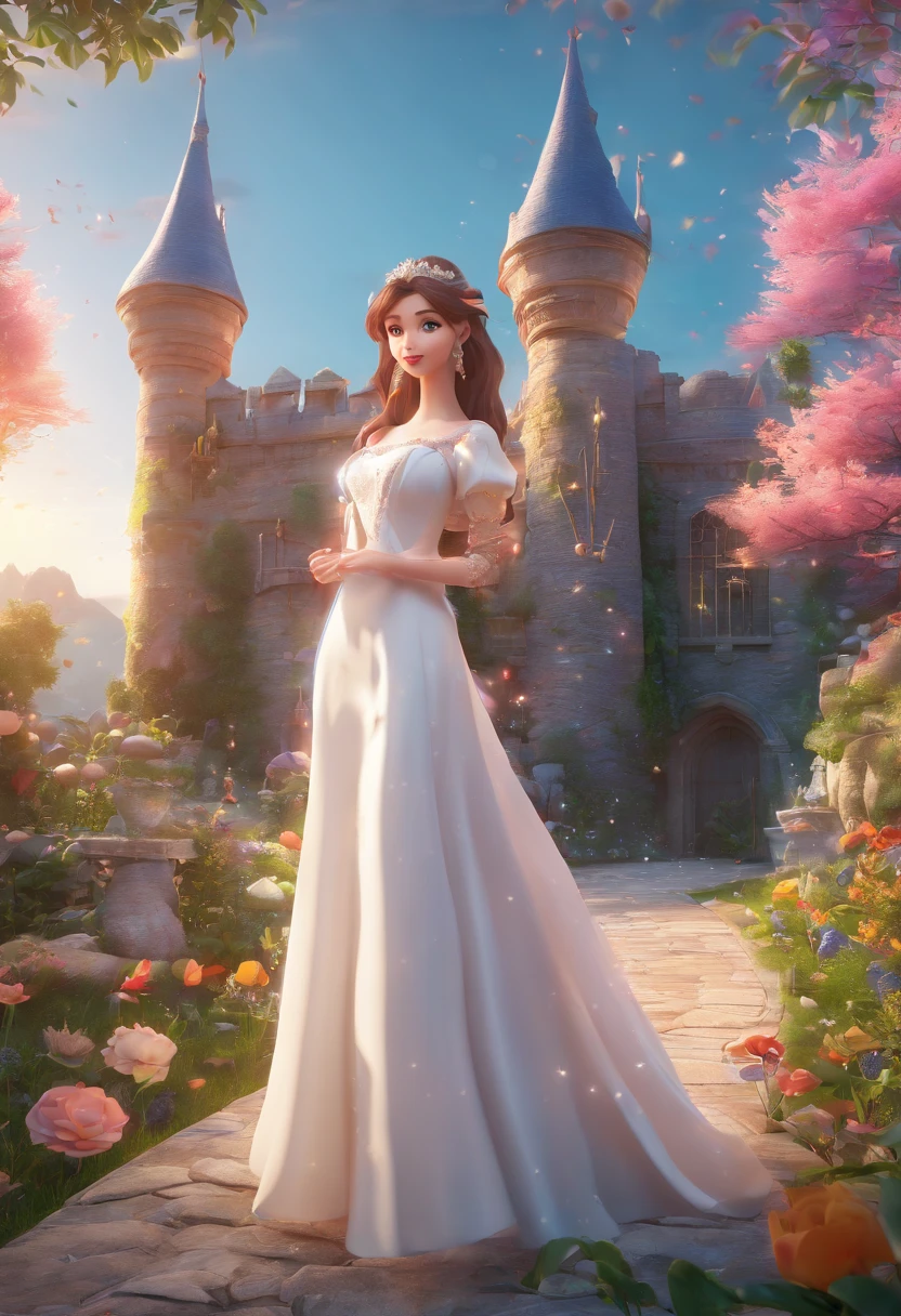 Woman in white dress standing in front of castle, in style of disney animation, very magical and dreamy, beautiful anime scene, The most beautiful scenes, Wonderful wonderful composition, in white clouds fairyland, anime barbie in white, lost in a dreamy fairy landscape, A paradise like a fairyland, Beautiful and aesthetic, anime beautiful peace scene, magical flowers