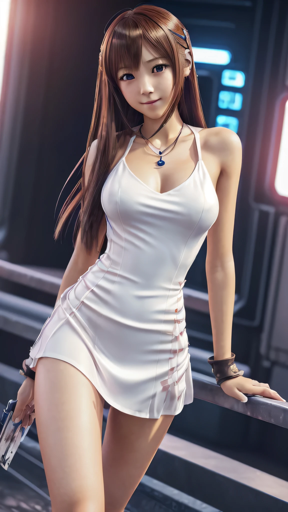((Final Fantasy (Yuna), young girl, , full body, naked body, dark hair, light skin, scarlet lips, smile; black, expressive playful eyes, long eyelashes)). ((Anime girl with brown hair hair and white short fire dress with necklace, beautiful character painting, very short drees style fire cowboy skirt, very thin and light clothing almost transparent like air, soft anime computer graphics, realistic anime art, beautiful anime woman, Cyberpunk, futurism, tight jumpsuit, anime girl rendering, very sexy, 75 % nsfw, 60% nude, open legs))
