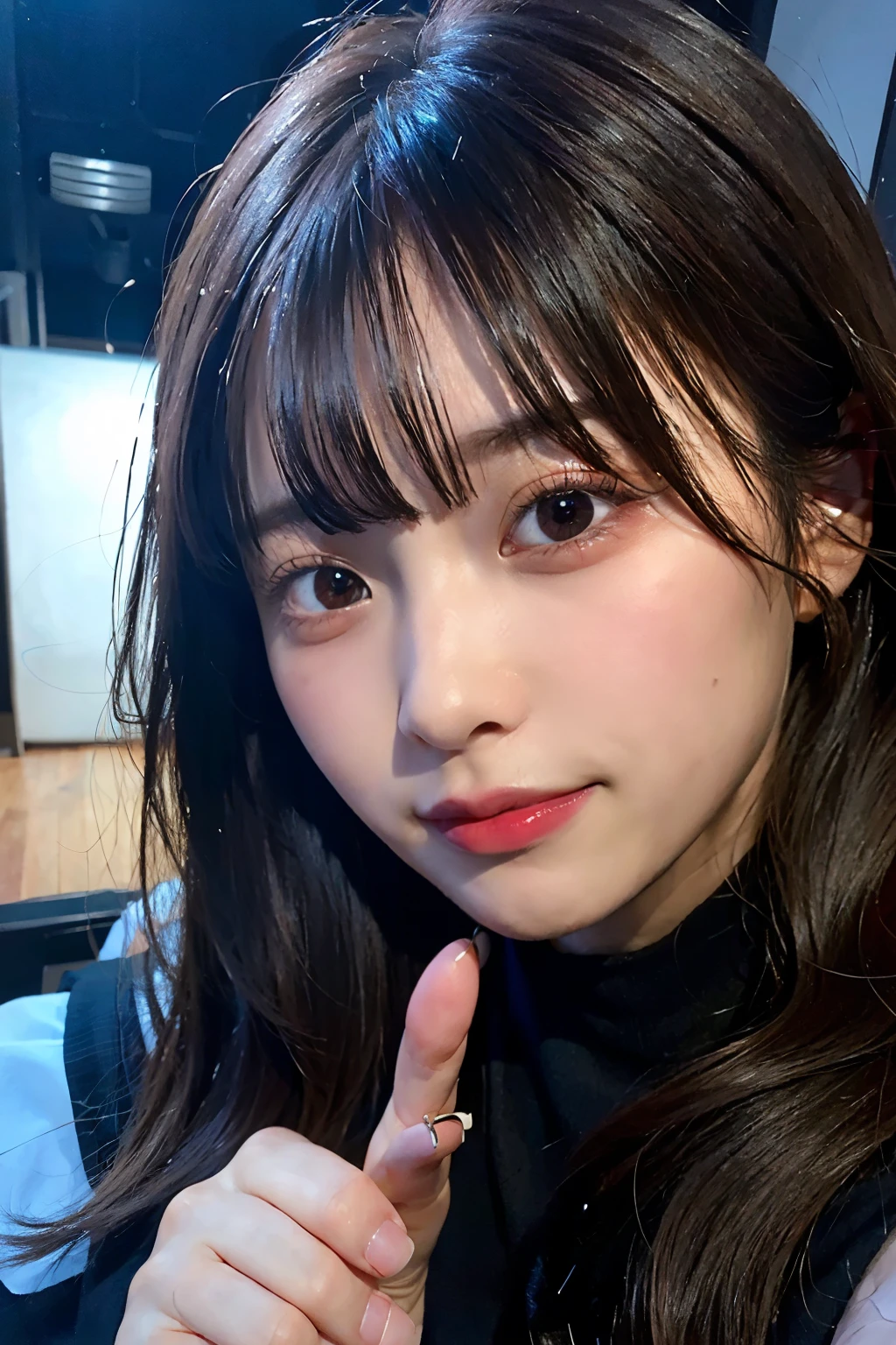(highest quality、8k、32k、Masseter muscle area、Hmph:1.2)、profile、(Slim figure:1.2)、(Lips) 、19 years old、Unbelievably ridiculous、(Cute pose:1.3)、Double Peace、double eyelid、Glowing Skin、Realistic Layer、Beautiful Face、(Laughter:1.3)、squat、(From above:1.2)、(Close-up:1.4)、Blurred Background、(Front Focus)、(dark: 1.6)、Fantasy art、Photorealistic、Professional Lighting、Highly detailed face、Awards、Deep Shadow