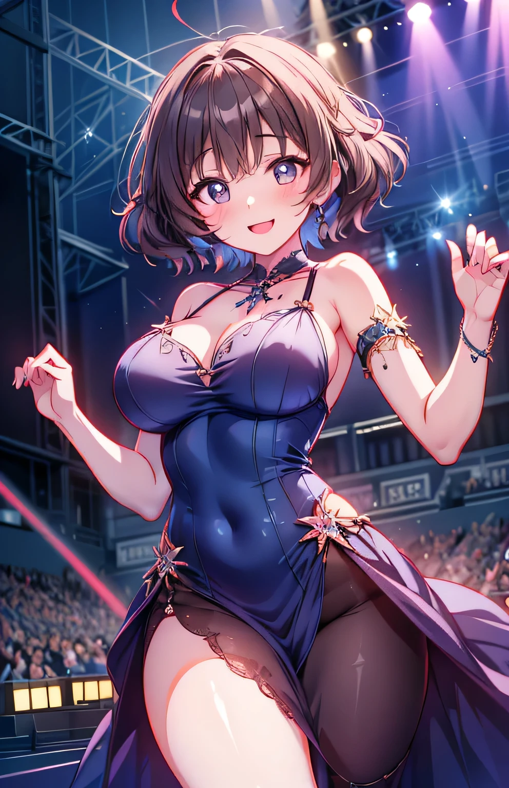 Anime illustration、highest quality、cyber punk、Sensual and voluptuous dancer、Sing and dance、Night Show、Colorful Costume、illuminated by spotlight、Colorful glow sticks、Perfect Proportions、Live music on the stadium stage、Overwhelmingly large breasts、beautiful, Shining Eyes、Cowboy Shot、smile、Noise Reduction