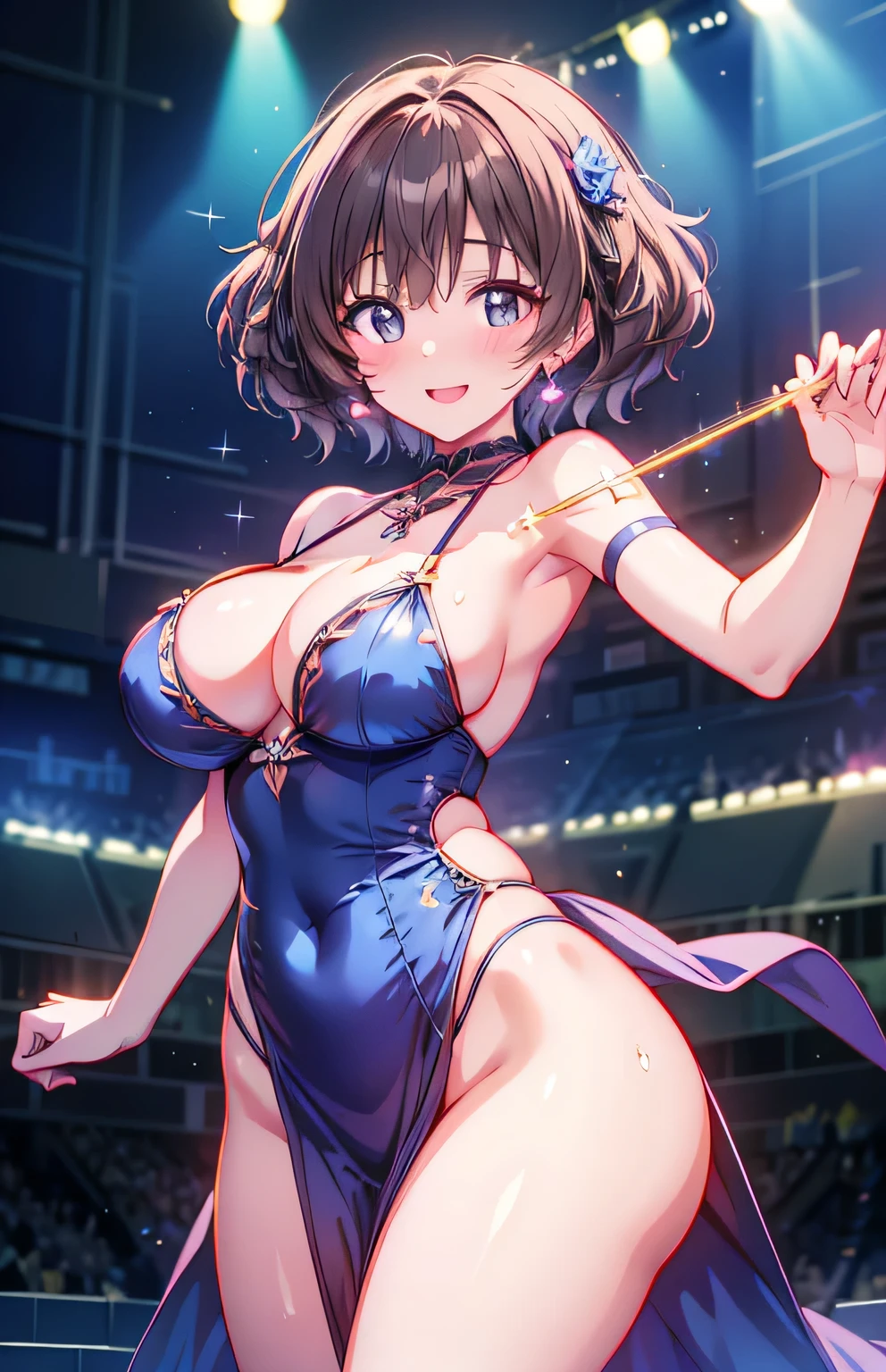 Anime illustration、highest quality、cyber punk、Sensual and voluptuous dancer、Sing and dance、Night Show、Colorful Costume、illuminated by spotlight、Colorful glow sticks、Perfect Proportions、Live music on the stadium stage、Overwhelmingly large breasts、beautiful, Shining Eyes、Cowboy Shot、smile、Noise Reduction