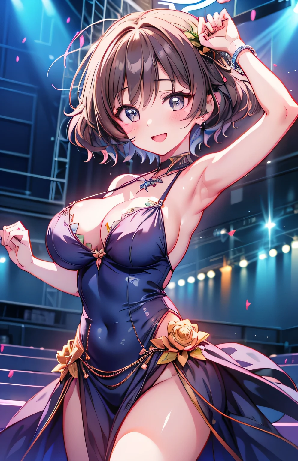 Anime illustration、highest quality、cyber punk、Sensual and voluptuous dancer、Sing and dance、Night Show、Colorful Costume、illuminated by spotlight、Colorful glow sticks、Perfect Proportions、Live music on the stadium stage、Overwhelmingly large breasts、beautiful, Shining Eyes、Cowboy Shot、smile、Noise Reduction