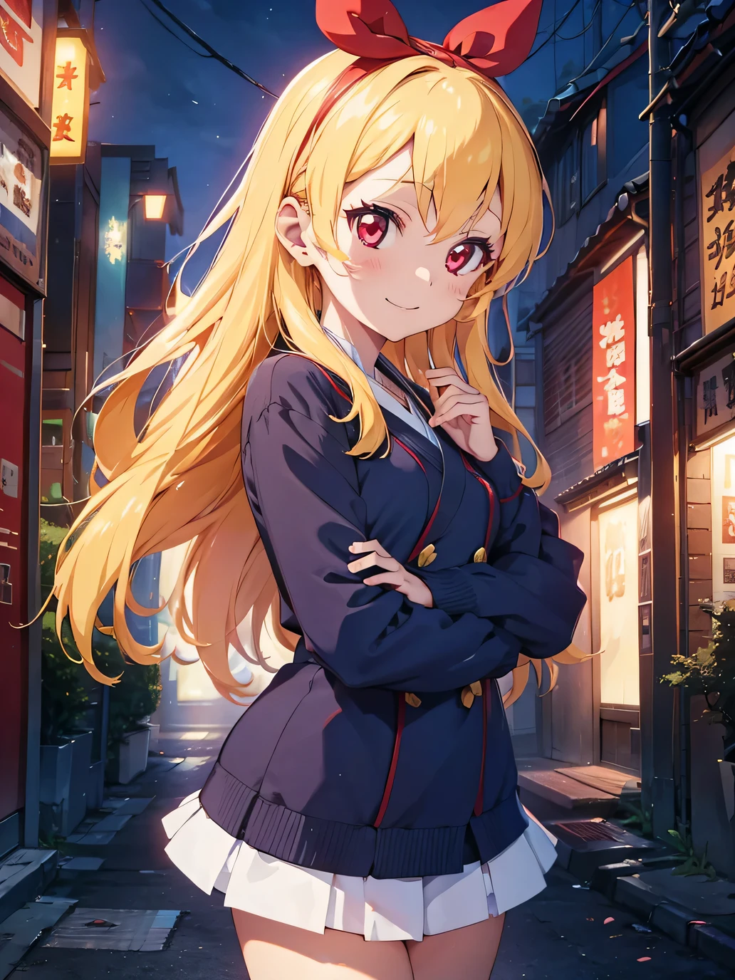 absurdres, absolutely resolution, incredibly absurdres, highres, ultra detailed, official art, unity 8k wallpaper,
BREAK
1 girl, soro, long hair, blonde hair, bow,Blue kimono blazer:1.6, kimono skirt, over black legwear,, doyagao, smile, red eyes, Blue kimono:1.6, cherry blossom print,
BREAK
, cowboy shot,
BREAK
(cyberpunk:1.1), cyber city, neon city, cyber street, japanese night, cherry blossoms, sakura fubuki, Ichigo Hoshimiya (Aikatsu!)