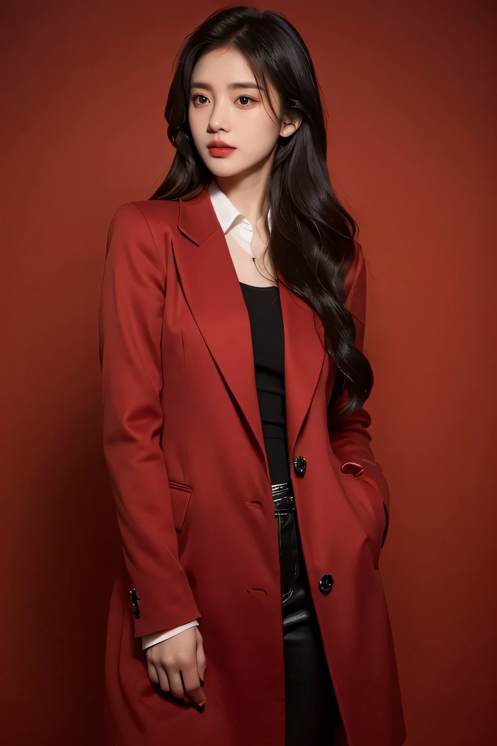 21-year-old girl, black flowing hair, standing confidently in front of a vibrant red background. She is wearing a stylish coat that accentuates her youthful charm. Her beautiful detailed eyes playfully tease, capturing a sense of mischief and allure. The image is of the best quality, with ultra-detailed features that bring out the realistic and photorealistic aspects of the artwork. The lighting is carefully crafted, highlighting her delicate features and casting soft shadows. The overall color palette is vivid and striking, enhancing the visual impact of the scene.