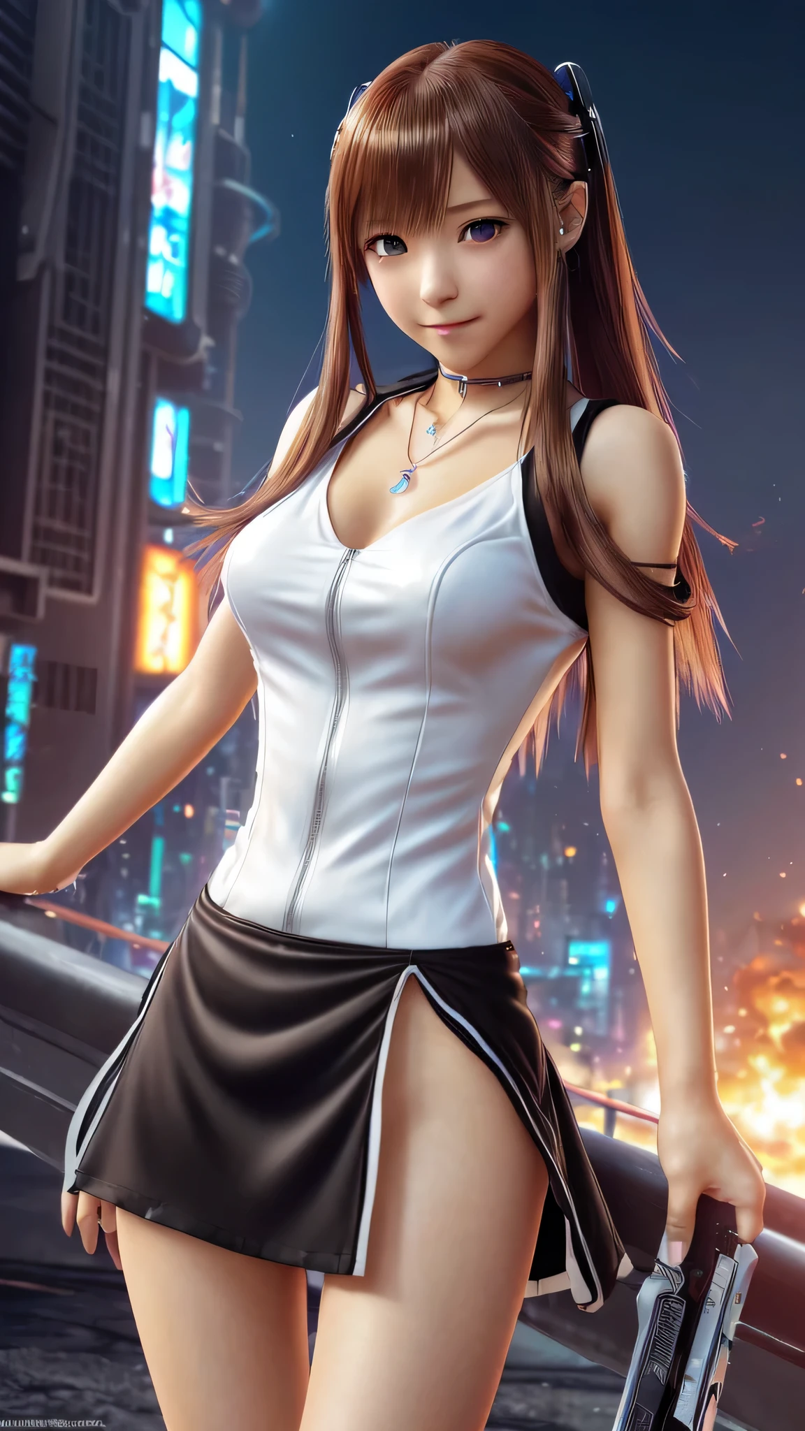 ((Final Fantasy (Yuna), young girl, , full body, naked body, dark hair, light skin, scarlet lips, smile; black, expressive playful eyes, long eyelashes)). ((Anime girl with brown hair hair and white short fire dress with necklace, beautiful character painting, very short drees style fire cowboy skirt, very thin and light clothing almost transparent like air, soft anime computer graphics, realistic anime art, beautiful anime woman, Cyberpunk, futurism, tight jumpsuit, anime girl rendering, very sexy, 75 % nsfw, 60% nude, open legs))