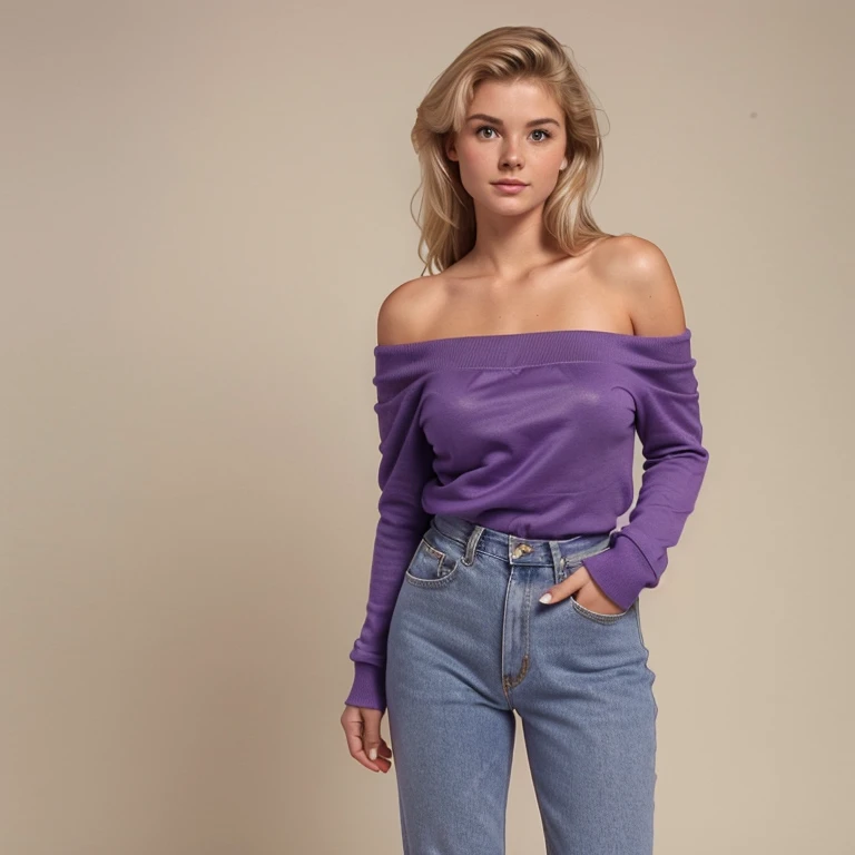 female twenty year-old sandy blonde, 1980s, demure, large natural breasts, purple sweatshirt off one shoulder, mom jeans, photorealistic, full body shot