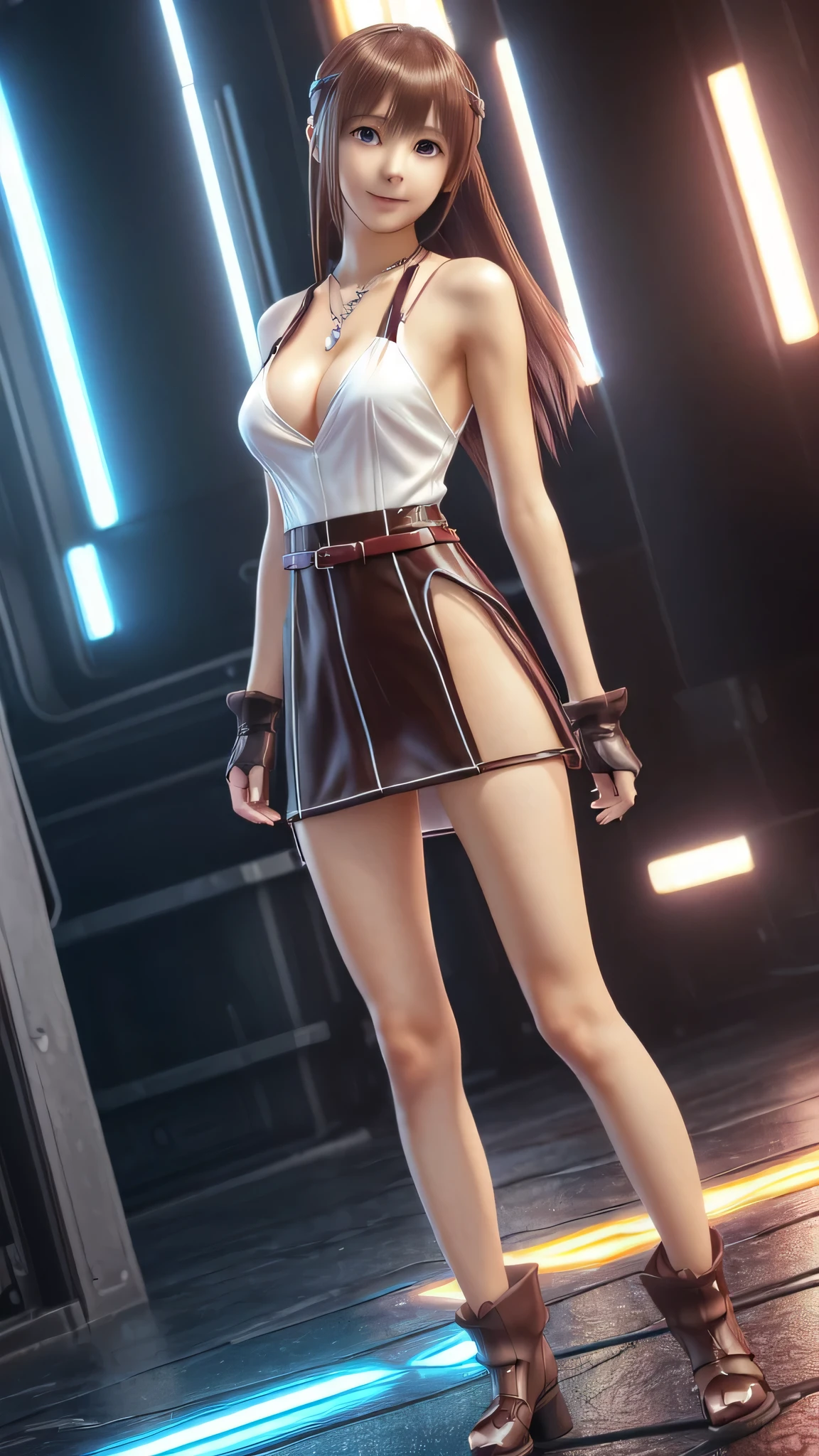 ((Final Fantasy (Yuna), young girl, , full body, naked body, dark hair, light skin, scarlet lips, smile; black, expressive playful eyes, long eyelashes)). ((Anime girl with brown hair hair and white short fire dress with necklace, beautiful character painting, very short drees style fire cowboy skirt, very thin and light clothing almost transparent like air, soft anime computer graphics, realistic anime art, beautiful anime woman, Cyberpunk, futurism, tight jumpsuit, anime girl rendering, very sexy, 75 % nsfw, 60% nude, open legs))