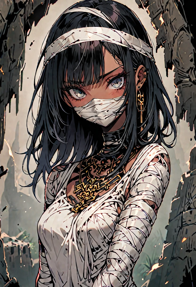 solo, female, mummified, tan skin, long black hair, bandaged body:1.2, tiny sunglasses, circular frame sunglasses, black frame sunglasses, bandaged_arms:1.6, bandaged_torso:1.2, bandaged_neck:1, bandaged_head:1.2, ancient, SFW, sunglasses_on_nose:1.2, smile, face, bandaged_shoulders, pose