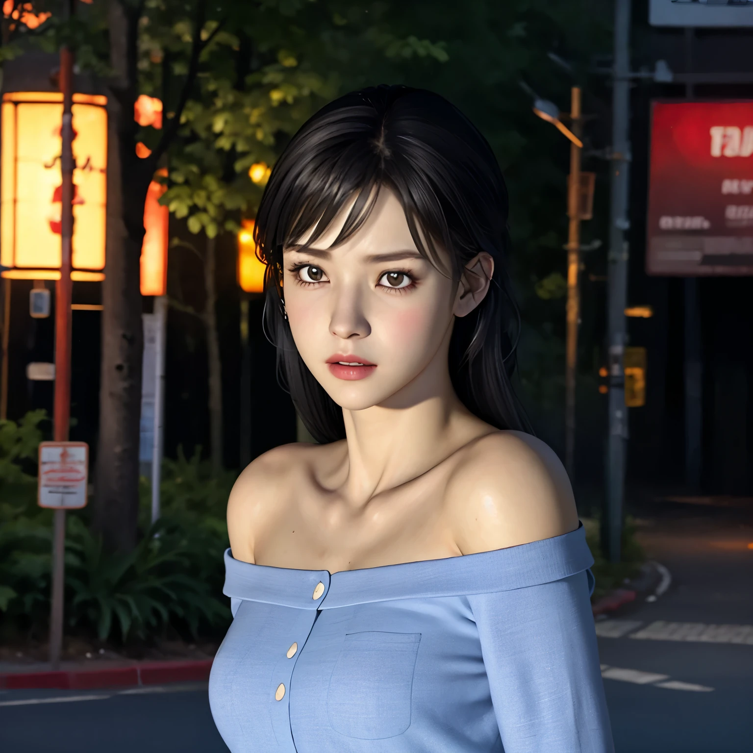 1 girl,alone,(whole body),(8k, highest quality, masterpiece:1.2), (Realistic, photo-Realistic:1.37), Very detailed,highest quality, Ultra-high resolution, Professional Lighting, Photon Mapping, Radio City, Physically Based Rendering, Cinema Lighting, midnight road,Written boundary depth, 25-year-old female、Off the shoulder、Great thighs、Black boots、Frowning、Anxious expression、Sweaty skin、blush、Frowning、