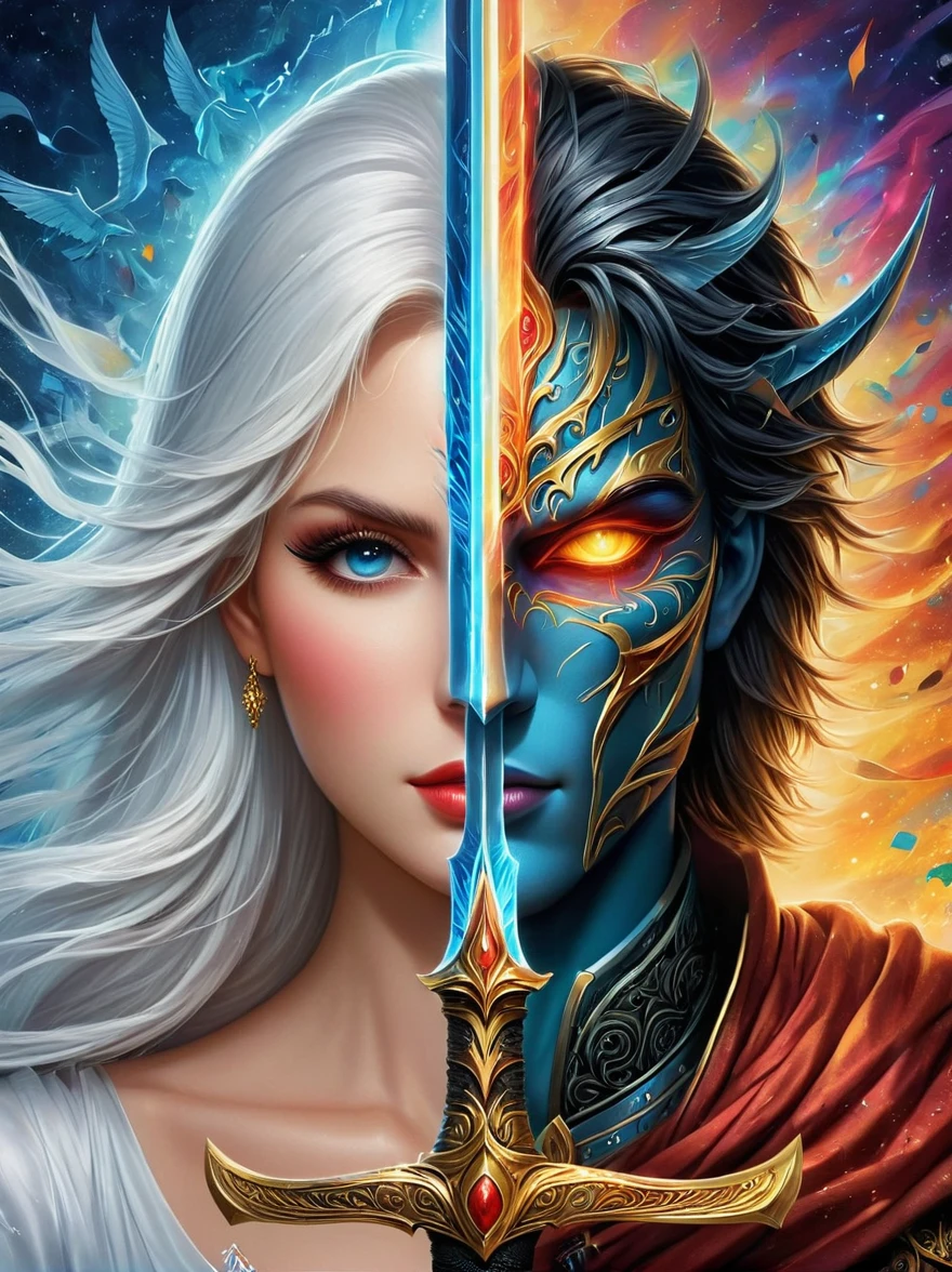 1hbgd1, (The left half of the face is Sauron, The right half is Ptolemy:1.25), excellent quality, Detailed background, The art of math, Double-edged sword，Double-edged sword, (The artwork should transition from a pencil drawing style in black and white on the left half to vibrant colors on the right half, Ensure a seamless integration between the two halves without any dividing line, The scene is identical on both sides, with the left side featuring detailed black and white pencil strokes and the right side filled with colors, creating a harmonious blend across the image)