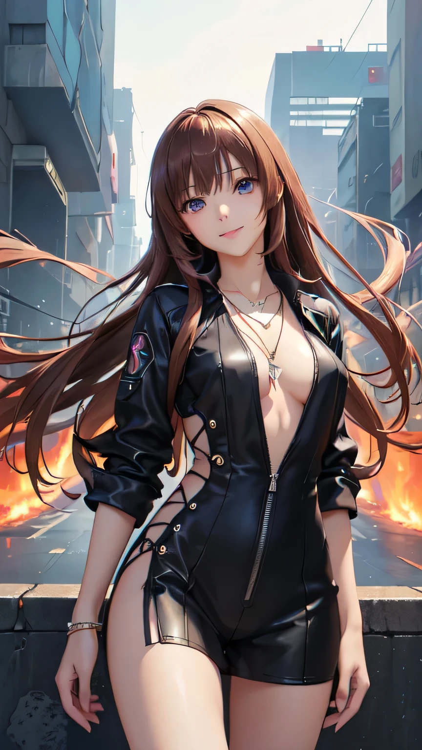 ((Final Fantasy (Yuna), young girl, 16 years old, full body, , dark hair, light skin, scarlet lips, smile; black, expressive playful eyes, long eyelashes)). ((Anime girl with brown hair hair and white short fire dress with necklace, beautiful character painting, very short drees style fire cowboy skirt, very thin and light clothing almost transparent like air, soft anime computer graphics, realistic anime art, beautiful anime woman, Cyberpunk, futurism, tight jumpsuit, anime girl rendering, very , 75 % , 60% , ))