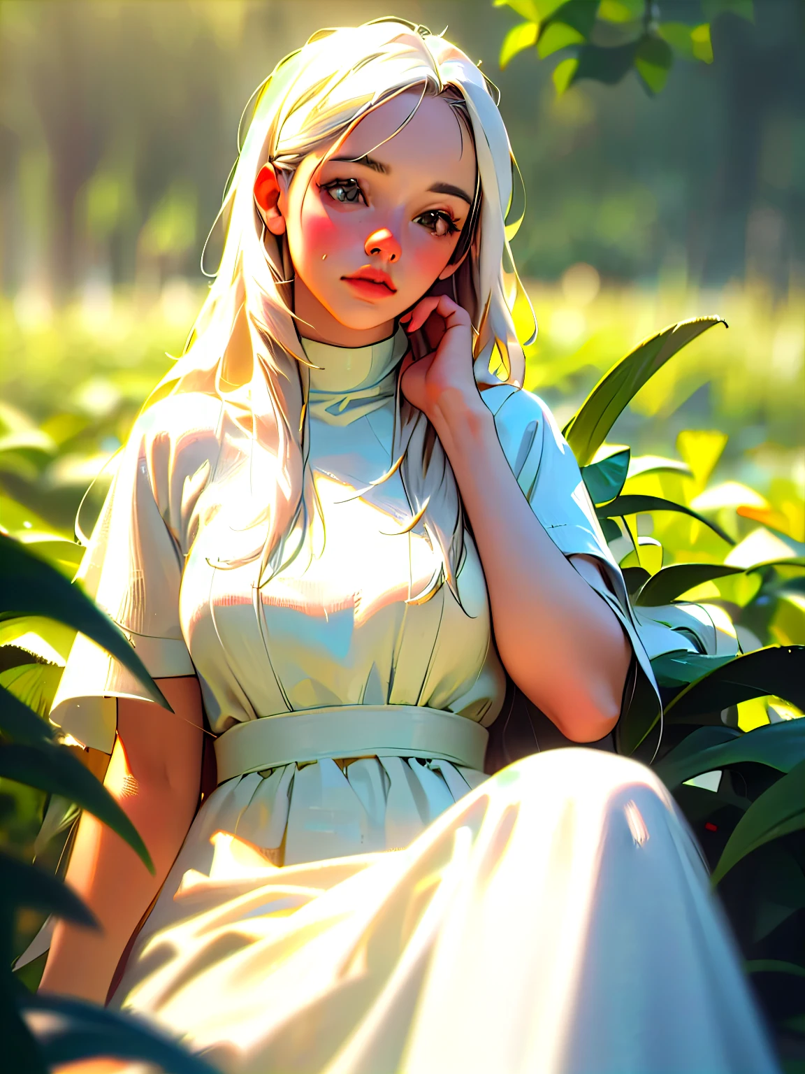 (best quality,4k,8k,highres,masterpiece:1.2),ultra-detailed,(realistic,photorealistic,photo-realistic:1.37),1girl with long white hair sitting in a field of green plants and flowers, her hand under her chin, warm lighting, white dress, blurry foreground, oil painting style, vibrant colors.