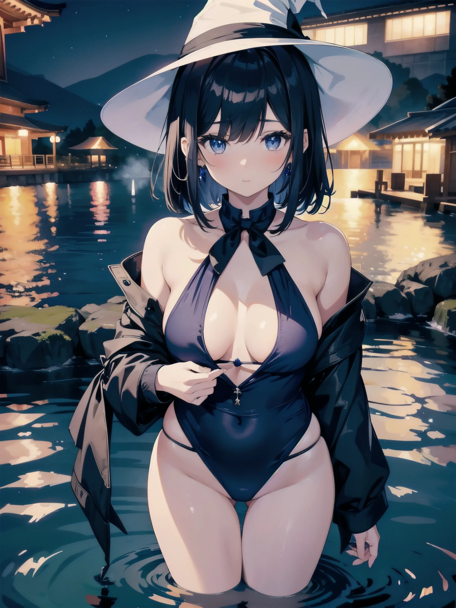 A girl stands in a hot spring with a view of the night view of Lake Suwa late at night、She has a short bob with a white lob of hair and wears a large black witch hat with sapphire jewelry.、A high school student wearing a navy blue bikini with a white ribbon on her chest.、She wears a large witch&#39;s hat with a small sapphire accessory、A few star creams、Beautiful starry sky、Beautiful night view、large witch's hat 、Navy blue bikini pants that dig into your stomach、Small breasts、A cup breasts、Navy blue bikini top with white frills、Small breasts