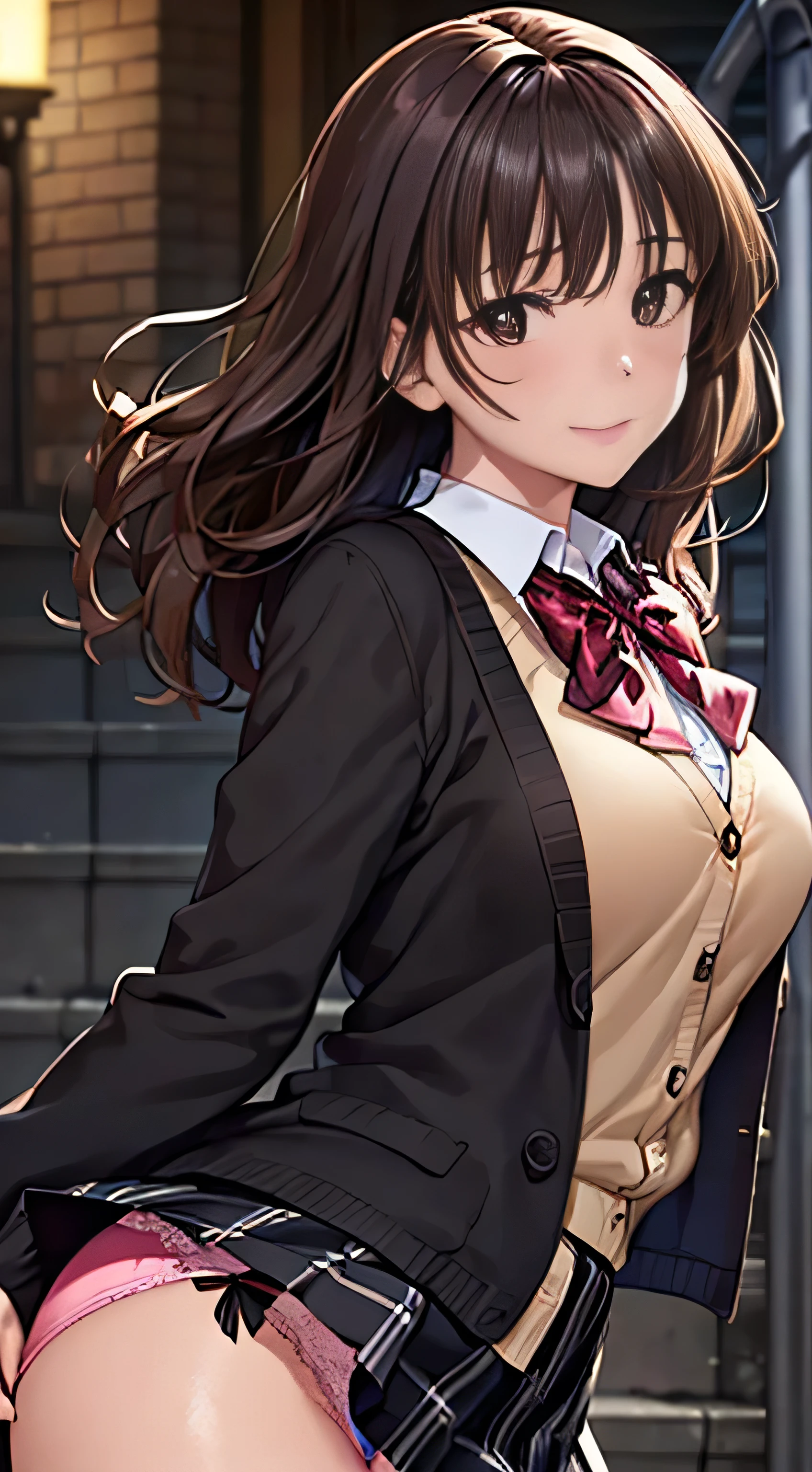 ((Tabletop, highest quality, High resolution, Hmph, Perfect Pixel, 4K, Hmph, Hmph))), One Girl, single, alone, Beauty、The whole body is visible、 ((Mid-wave hair, bangs, Brown Hair)), ((Brown eyes, Beautiful eyelashes, Realistic eyes)), ((Detailed face, Blushing:1.2)), ((Smooth texture:0.75, Realistic texture:0.65, Realistic:1.1, Anime CG Style)), Medium chest, Dynamic Angle, Perfect body, ((Red bow tie, , Black jacket, Open jacket, Brown cardigan, White shirt, Black Skirt, Checked skirt)), City stairs、Looking up from the bottom of the stairs、Very embarrassing panic smile, looked back、Leaning forward、(The wind blew up her skirt, exposing her buttocks....................、Touch your buttocks with both hands、Light pink floral lace panties)、