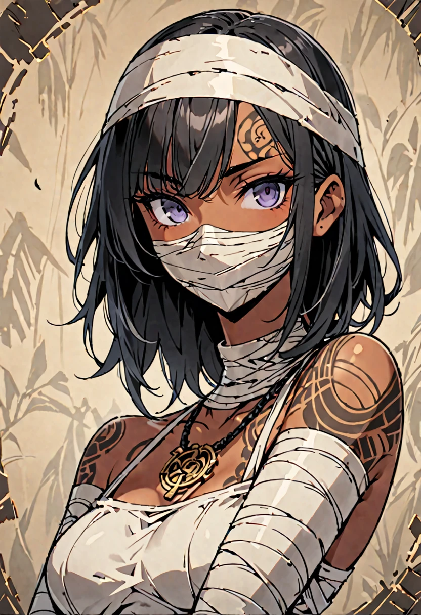 Anime Mummy girl. Dark skin, long black hair, yellow eye, happy and lewd face, blushing cheeks, holding out arms, whole body covered in white bandages, Big breats, thick thighs, Egyptian Coffin background.