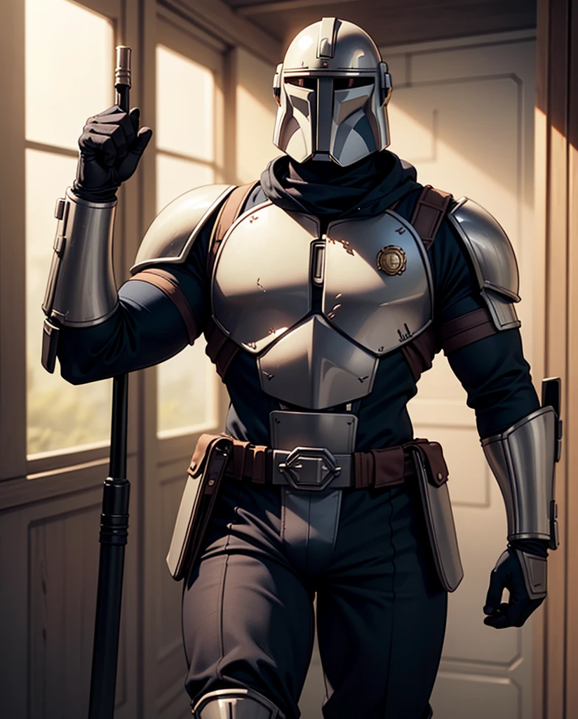 Muscular mature male Djin Djarin, aged 40,Solo,Slag,Well-developed muscles, vast pec of Djin Djarin, Wide chest and shoulders, slim waist, Thick-breasted,Huge crotch long bulge,tight Mandalorian beskar uniform, slim waist, Djin Djarin waist, Stand up, full bodyesbian, confident look, Mandalorian silver beskar helmet features, Ultra-realistic photo style, High- sharpness, cinematic light, intricately lens flares details.