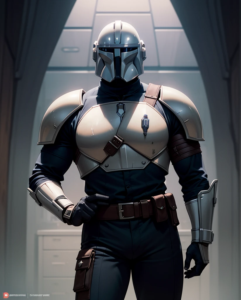 Muscular mature male Djin Djarin,aged 40,Solo,short detailed hair,Slag,Well-developed muscles,vast Djin Djarin pecs,Wide shoulders,Thick-breasted,Huge crotch bulge,tight Mandalorian uniform,Lace-up trousers, slim Djin Djarin waist, Stand up,full bodyesbian, confident look,Mandalorian helmet features,Ultra-realistic photo style,High- sharpness,High picture quality,intricately details,8K