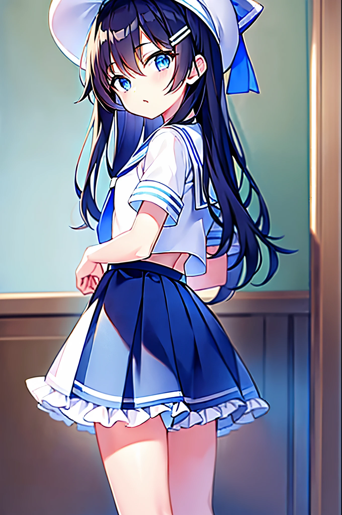 (((masterpiece))) (((highest quality))), (((beautiful))), (((8k))), (((High resolution))), (((Great illustrations))), (1 girl:1.3), (child:1.5), (In addition:1.2), (Dark blue straight long hair:1.3), (very long, Dark blue sideburns), (Very wide parted dark blue bangs:1.3), (Simple hair clip:1.4), (Ahoge:1.4), (Small blue eyes:1.2), (Slightly droopy eyes:1.3), (Ultra-flat chest:1.4), (Very small breasts:1.4), (Laughter:1.3), (Cowboy Shot:1.3), (look back:1.4), (White Sailor Suit:1.4), (White pleated skirt:1.4), (White Hat:1.2), (Blue ribbon:1.5). (Frills:1.5),