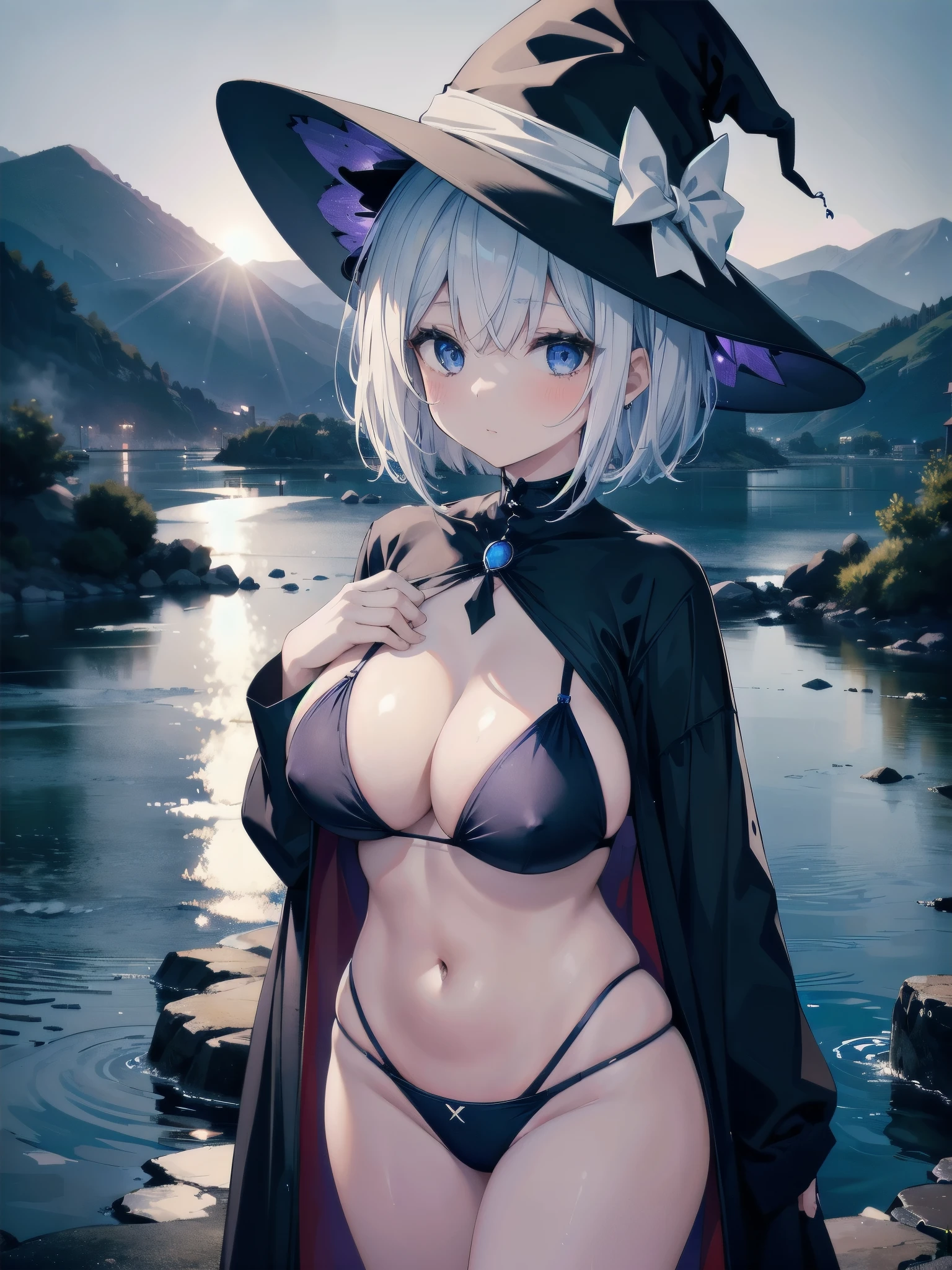 A girl stands in a hot spring with a view of the night view of Lake Suwa late at night、She has a short bob with a white lob of hair and wears a large black witch hat with sapphire jewelry.、A high school student wearing a navy blue bikini with a white ribbon on her chest.、She wears a large witch's hat with a small sapphire accessory、A few star creams、Beautiful starry sky、Beautiful night view、large witch's hat 、Navy blue bikini pants that dig into your stomach、Small breasts、A cup breasts、Navy blue bikini top with white frills、Small breasts