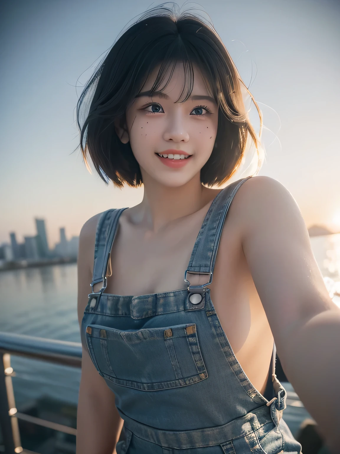 8k, masterpiece, RAW photo, best quality, photorealistic, extremely detailed CG unity 8k wallpaper, Depth of field, Cinematic Light, Lens Flare, Ray tracing, (extremely beautiful face, beautiful lips, beautiful eyes), short hair, intricate detail face, ((ultra detailed skin) 1girl in, Fisheye, Selfie, Wind, hair messy, Sunset, Detailed cityscape, (Aesthetics and atmosphere:1.2),Beautiful woman smiling、8K、An ultra-high picture quality、japanes、1 woman around 20 years old、Beautie、kawaii faces、Beautie with well-defined features、Smiling、Showing teeth and smiling. wearing naked overalls