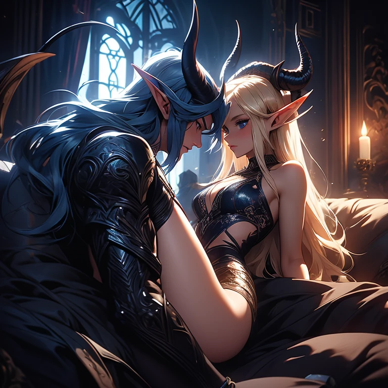 female adult elf with darkblonde hair, and a male elf dark blue long hair and demon horns male with dark blue hair and demon horns having sex, sex, dominant male, male elf insert his naked hard penis in female elf, naked hard male penis