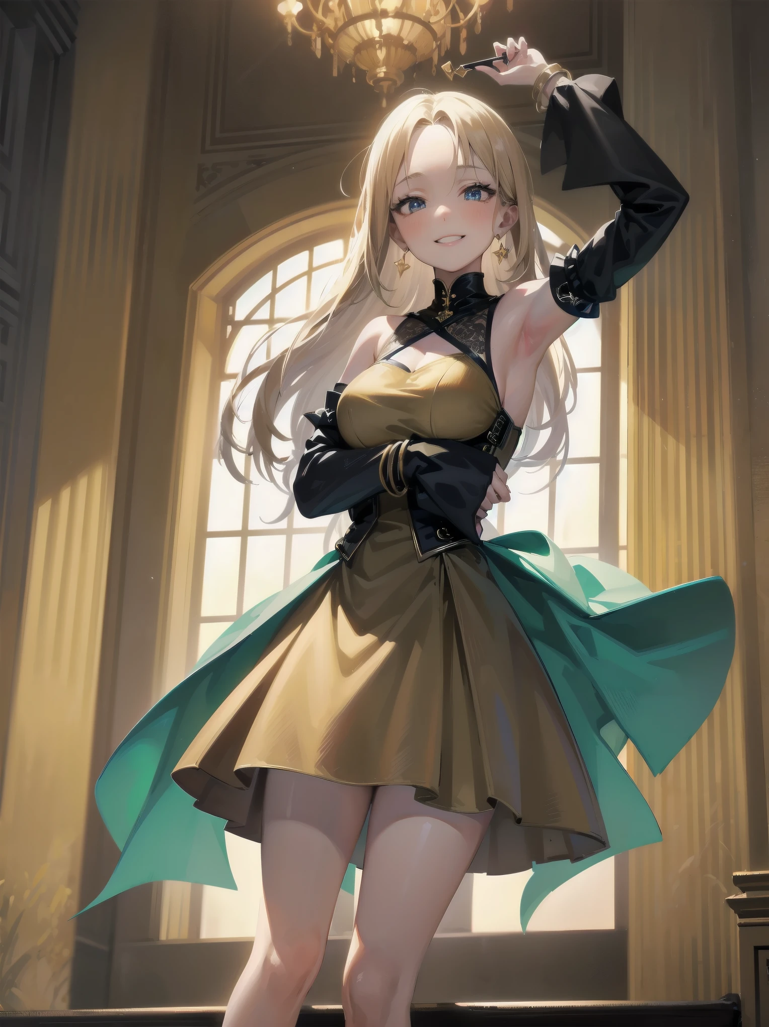 1girl, 11 years old, smile, looking at viewer, solo, gold dress, jewelry, bracelet, earring, detached sleeves, forehead, long hair, palace
