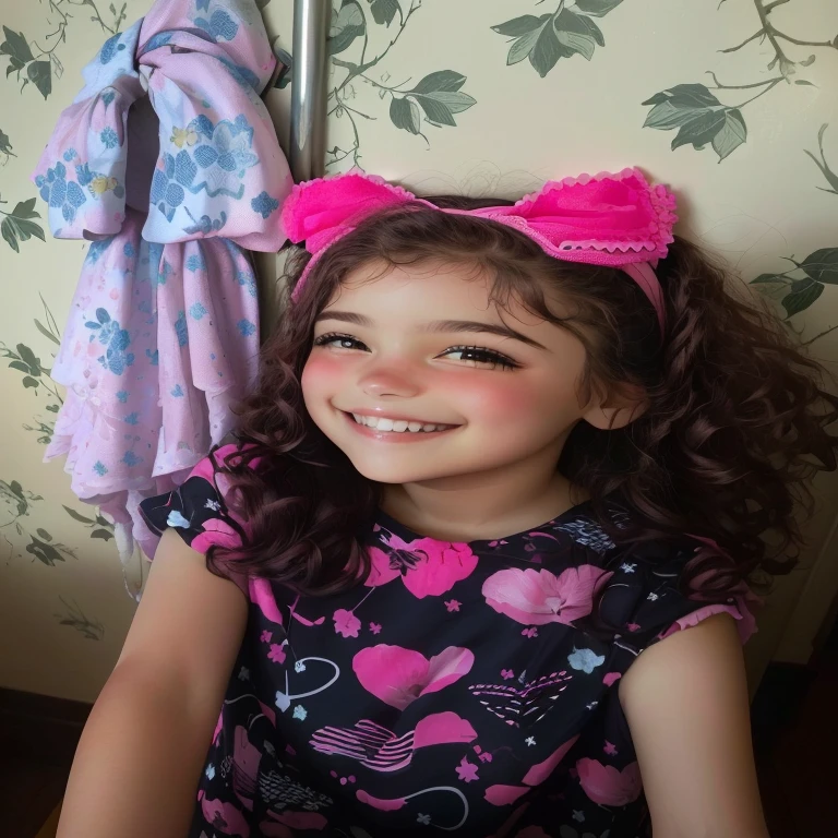 there is a who is smiling and wearing a pink bow, Violeta Myers, 7 anos de idade, Ana Clara is her name. She is wearing a pink headband, linda e sorridente, kind smile, wearing pink hair bow, she is smiling and happy, linda jovem, com um sorriso lindo, Sete anos de idade, bochechas rosadas, lindo rosa , sorridente. A garotinha gosta de pular e brincar. Adora bichos e brincadeiras. Adora falar e sorrir.